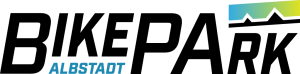 Schwarzer Schriftzug „BIKEPARK ALBSTADT“, im „A“ ein stilisiertes Hügelprofil in Blau und Gelb.