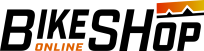 Schriftzug BIKESHOP ONLINE mit Bergmotiv darüber, in Schwarz und Orange.
