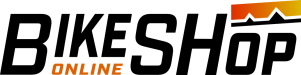 Schriftzug BIKESHOP ONLINE mit Bergmotiv darüber, in Schwarz und Orange.