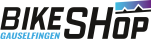 „BIKE SHOP GAUSELFINGEN“ in großen, schwarzen Buchstaben, mit buntem Bergmotiv als Grafik integriert.