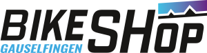 „BIKE SHOP GAUSELFINGEN“ in großen, schwarzen Buchstaben, mit buntem Bergmotiv als Grafik integriert.