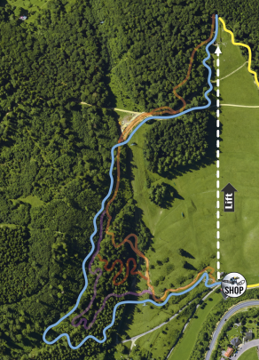 Satellitenansicht eines Waldes mit markierten Mountainbike-Strecken, einem Lift und einem Shop-Symbol.