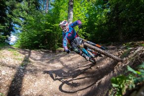 Ein Mountainbiker fährt schnell eine kurvenreiche Strecke durch einen Wald mit grünen Bäumen und sonnigem Himmel.