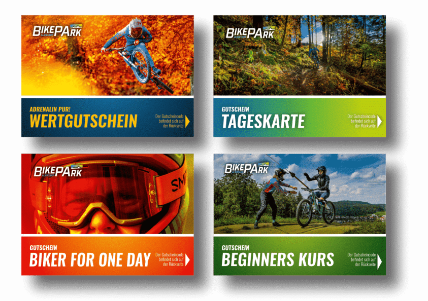 Vier Gutscheine für einen Bikepark: Wertgutschein, Tageskarte, Biker for One Day, Beginners Kurs, mit bunten Hintergrundbildern.