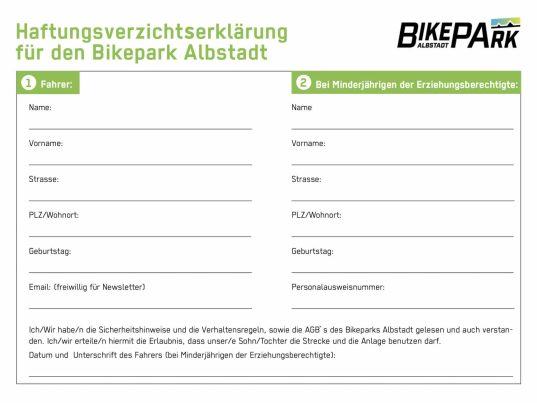 Haftungsverzicht Bikepark Albstadt, enthält Felder für Namen, Adresse und Geburtsdatum von Fahrer und Erziehungsberechtigten.