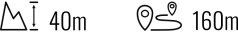 Bergsymbol mit 40 m Höhenunterschied, daneben Wegsymbol mit 160 m Distanz.