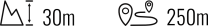 Bergsymbol mit 30m Höhenangabe, daneben Weg mit 250m Distanz.