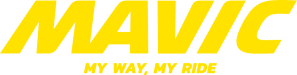Gelber Schriftzug MAVIC mit Slogan My Way, My Ride darunter, auf schwarzem Hintergrund.