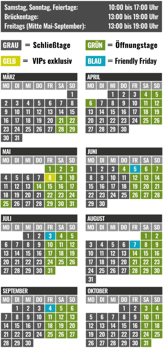 Kalender zeigt in Monaten teils graue, grüne, gelbe, blaue Felder: Schließtage, Öffnungstage, VIPs, Friendly Fridays.