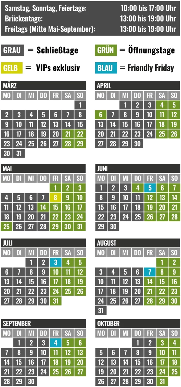 Öffnungszeiten 2026 2x4 Kalender zeigt in Monaten teils graue, grüne, gelbe, blaue Felder: Schließtage, Öffnungstage, VIPs, Friendly Fridays.