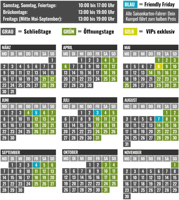 Öffnungszeiten 2026 3x3 Kalender mit grauen Schließ-, grünen Öffnungs-, blauen Friendly Friday- und gelben VIP-Tagen. Öffnungszeiten variieren.