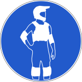 Protektoren Schild 4 Ein stilisierter Mensch mit Helm und Schutzkleidung steht mit einer Hand an der Hüfte auf blauem Hintergrund.