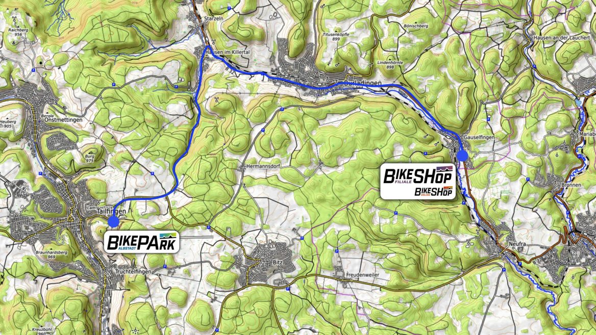 Karte mit grünen Hügeln; blauer Weg verbindet BikeShop rechts und BikePark links. Orte: Albstadt, Onstmettingen, Gauselfingen.
