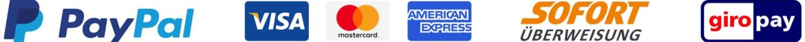 Zahlungsmethoden: PayPal, Visa, Mastercard, American Express, Sofortüberweisung, giropay.
