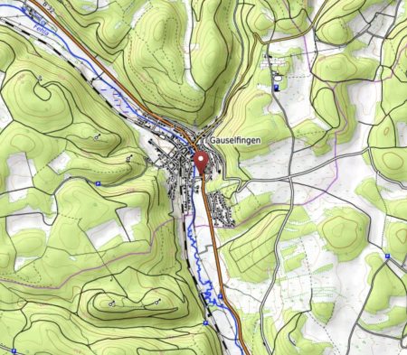 Topografische Karte mit Hügeln und Tälern um Gauselfingen, Flüsse fließen durch das Gebiet, Straßen verbinden Dörfer.