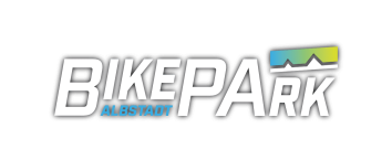 BIKEPARK Albstadt-Logo, schwarze Schrift, Bergsilhouette, grauer Verlauf im Hintergrund.